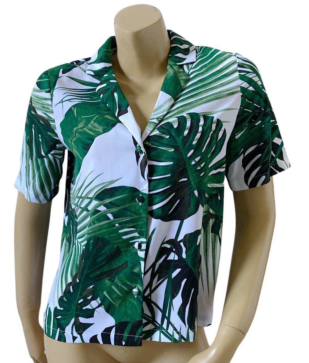 Worthington Button Up Shirt Womens XS Camp Collar Green Tropical Leaf Print NWT